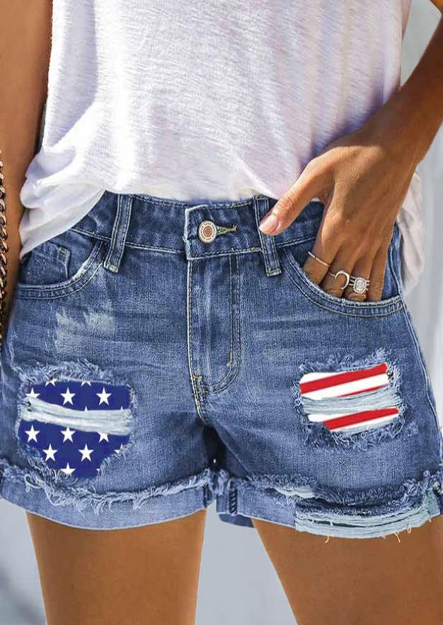 

American Flag Star Striped Ripped Hole Denim Shorts - Blue, 505036