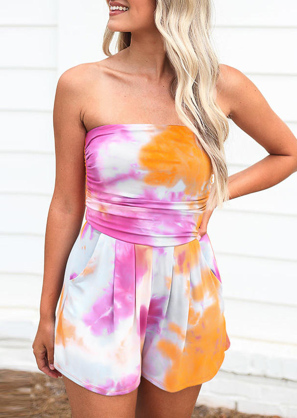 

Tie Dye Pocket Ruffled Strapless Open Back Romper, Multicolor, 506729