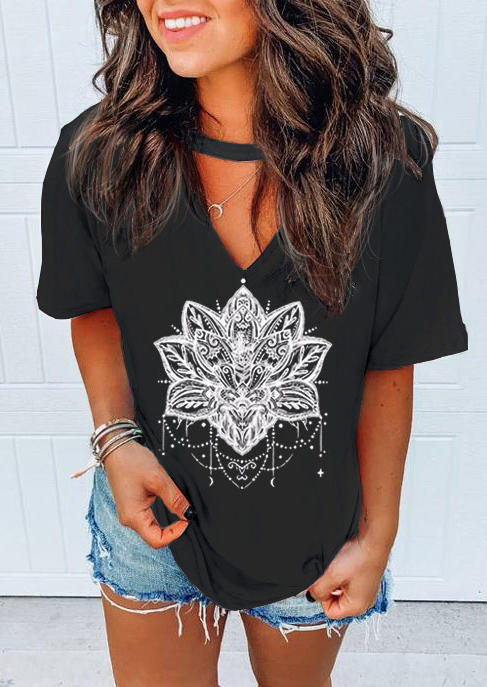 

Mandala Lotus Hollow Out Keyhole Neck Blouse - Black, 507358