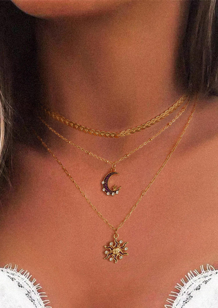 

2Pcs Moon And Star Rhinestone Necklace Set, Gold, 507386