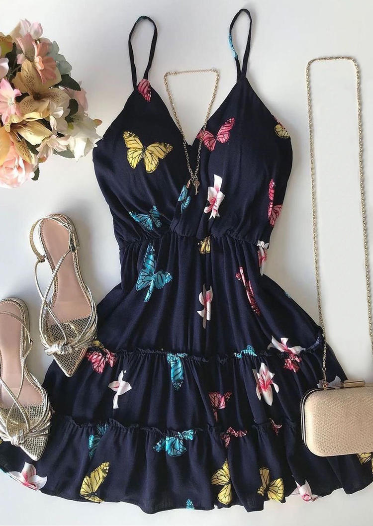 Colorful Butterfly Floral Adjustable Strap Elastic Waist Mini Dress -Navy Blue