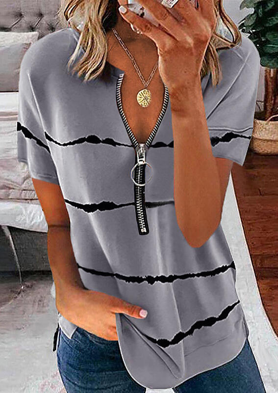 

Striped Zipper Collar Casual Blouse - Gray, 507735