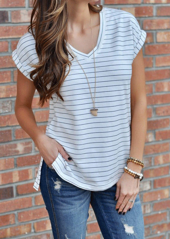 

Striped Slit V-Neck Blouse - White, 507737
