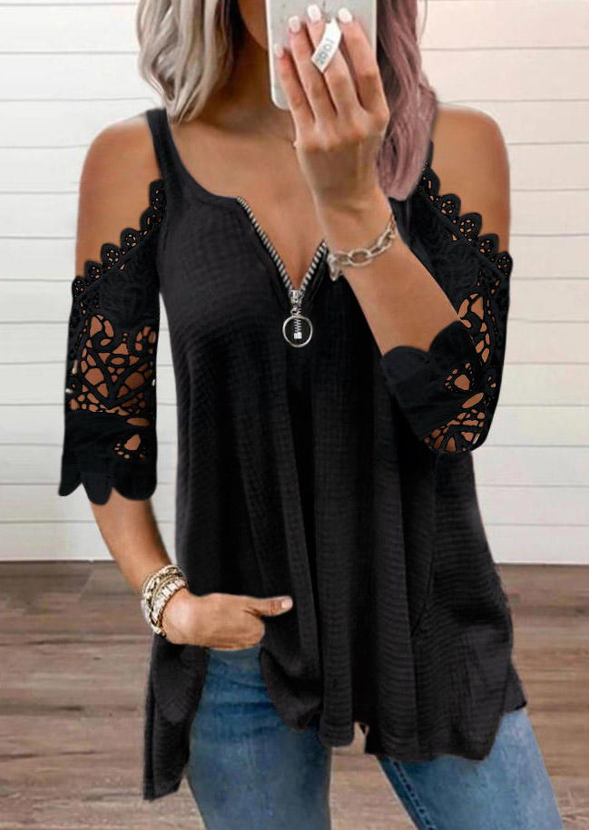 

Lace Zipper Collar Cold Shoulder Blouse - Black, 507833
