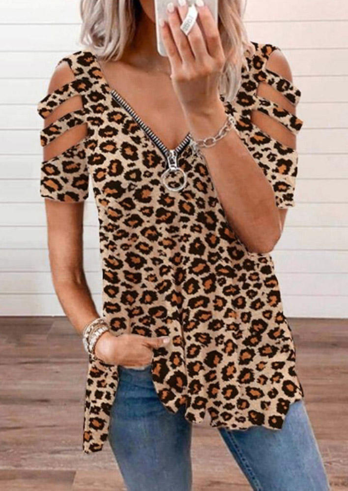 

Leopard Zipper Collar Cold Shoulder Blouse, 507840