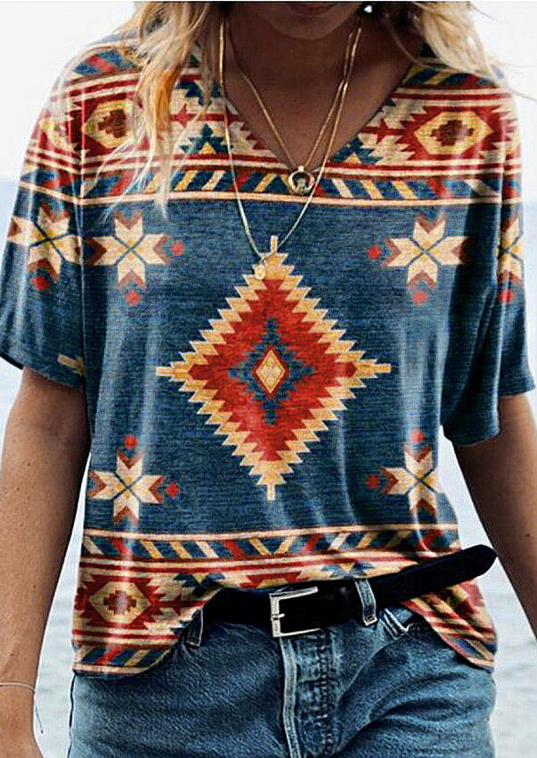 

Aztec Geometric V-Neck Blouse, Multicolor, 507850