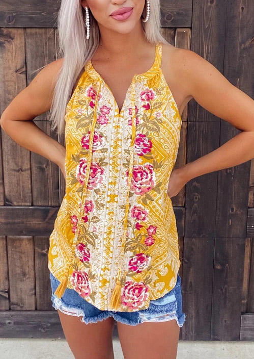 

Floral Geometric Tassel Drawstring Tank - Yellow, 507861