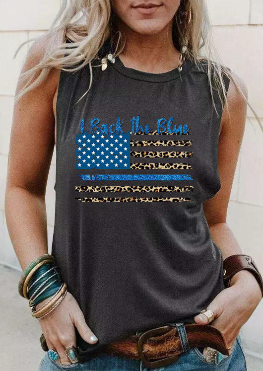 

I Back The Blue American Flag Leopard Tank - Dark Grey, 507870