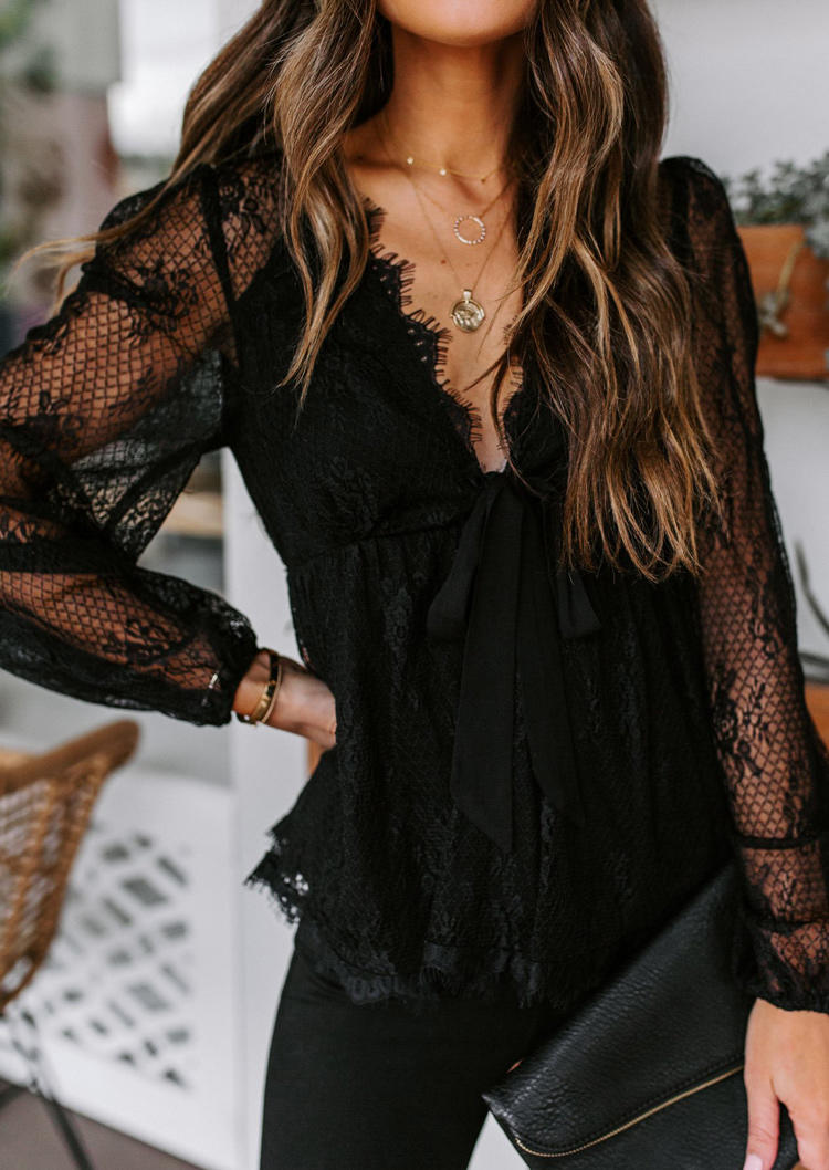 

Guipure Lace Tie Elastic Cuff Blouse, Black, 507910