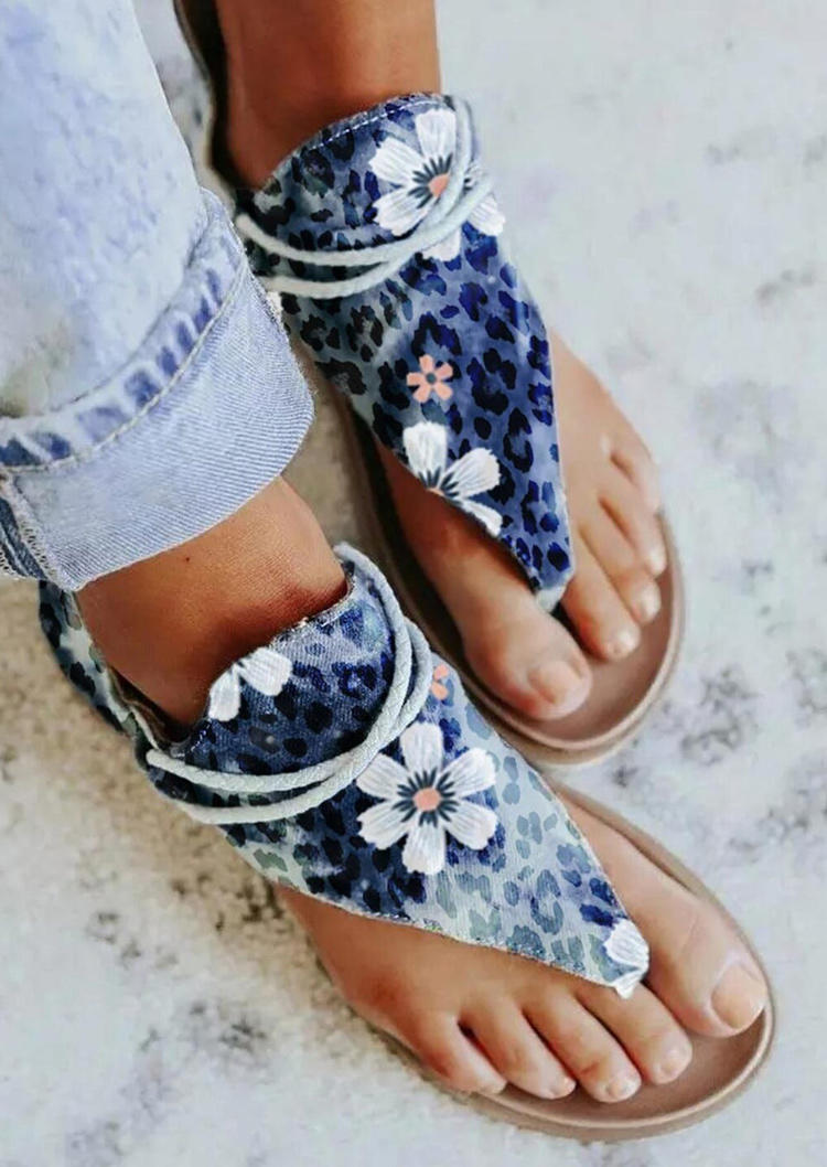 

Leopard Floral Zipper Thong Flat Sandals - Blue, 507924