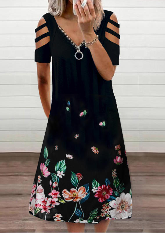 

Floral Zipper Hollow Out Midi Dress - Dark Grey, 507041