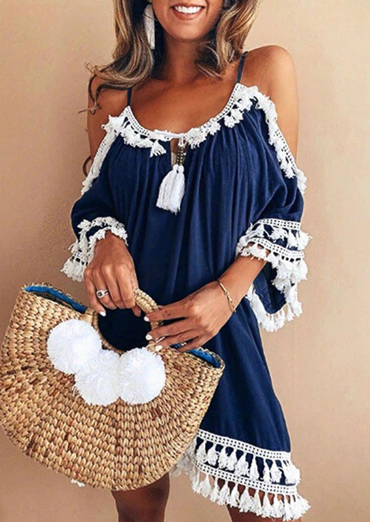 

Tassel Cold Shoulder Flare Sleeve Mini Dress - Navy Blue, 507398