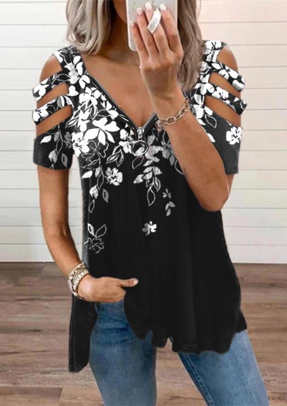 

Floral Cold Shoulder Zipper Collar Blouse - Black, 507567