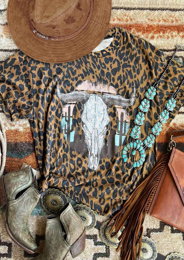 

Western Steer Skull Cactus Leopard T-Shirt Tee, 507703