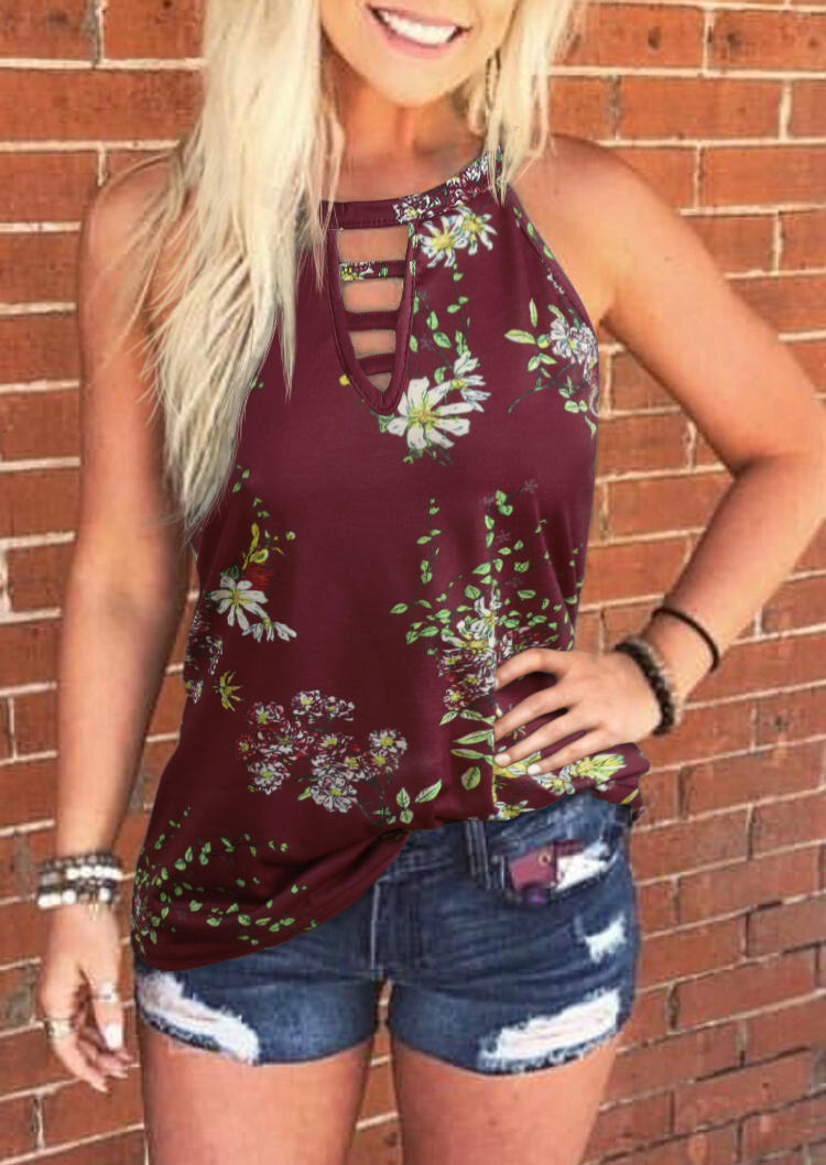 

Floral Keyhole Neck Halter Casual Tank - Burgundy, 507830