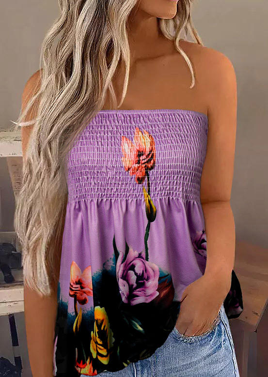 

Colorful Floral Smocked Strapless Tank - Purple, 507892
