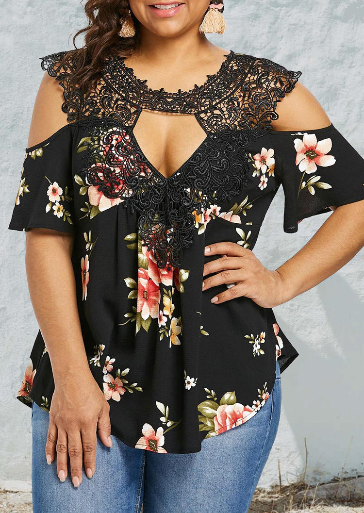 

Plus Size Floral Lace Splicing Keyhole Neck Blouse - Black, 507899