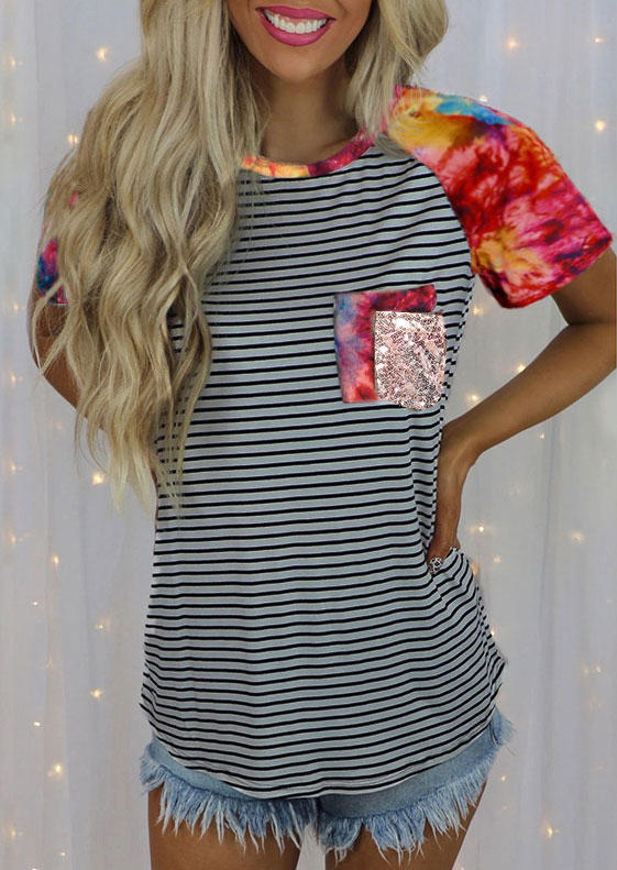 

Striped Tie Dye Sequined Pocket Blouse, Multicolor, 507921
