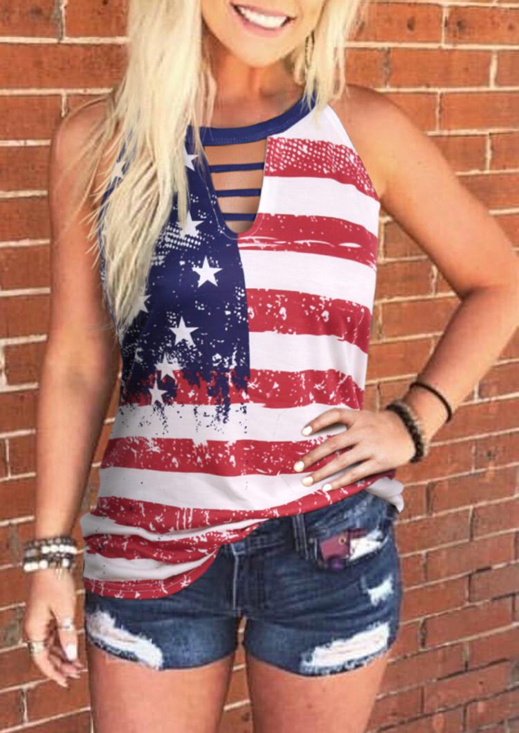 

American Flag Hollow Out Keyhole Neck Tank, Multicolor, 507928