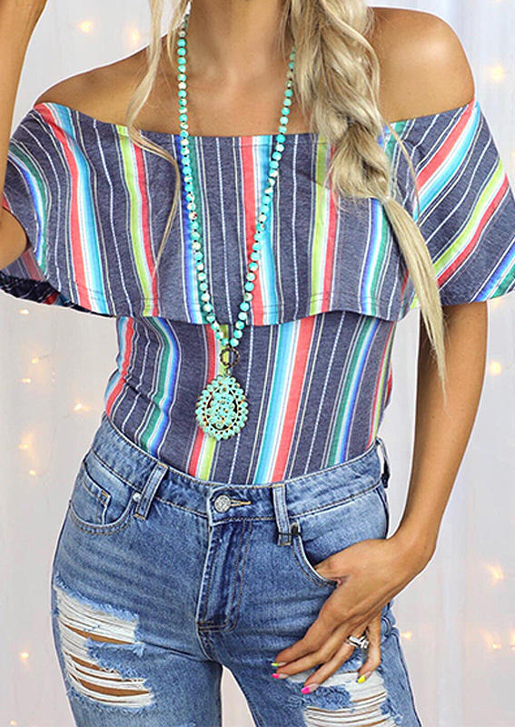 

Colorful Striped Layered Off Shoulder Blouse, Multicolor, 507966