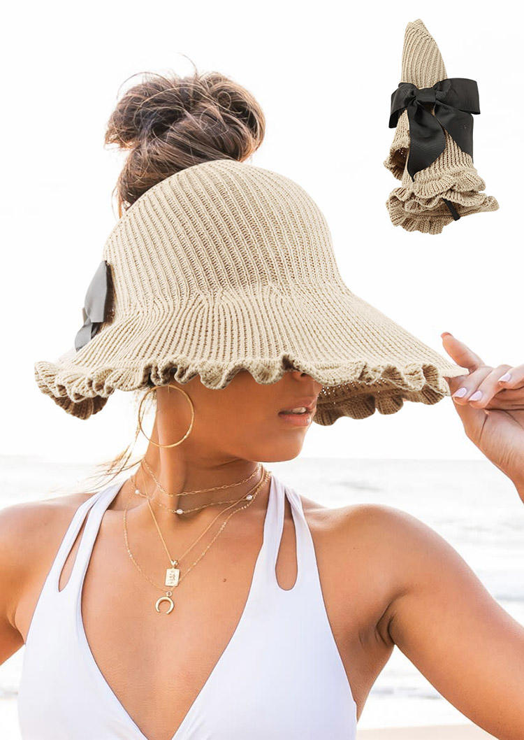 

Wave Hollow Out Bowknot Rolled Up Straw Hat, Beige, 507969
