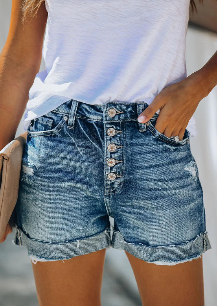 

Distressed Frayed Hem Pocket Button Denim Shorts - Blue, 507996