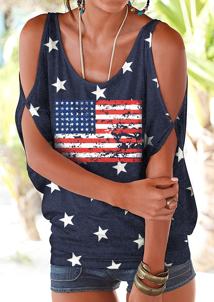 

American Flag Star Striped Cold Shoulder Blouse - Blue, 508023
