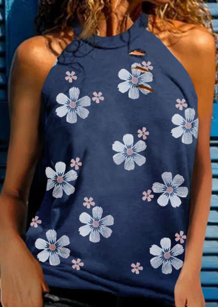 

Ripped Hole Floral Halter Tank - Deep Blue, 508025