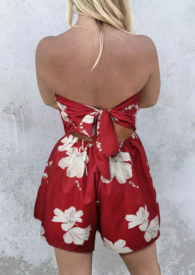 

Floral Hollow Out Open Back Twist Strapless Romper - Brick Red, 503557