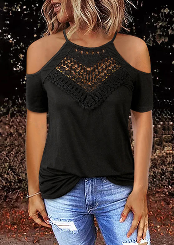 

Hollow Out Lace Splicing Cold Shoulder Blouse - Black, 505205