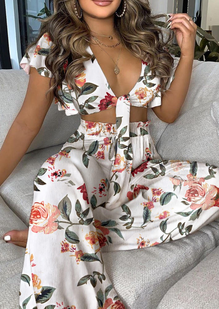 

Floral Leaf Crop Top And Wide Leg Pants Two-Piece Set, Multicolor, 506776