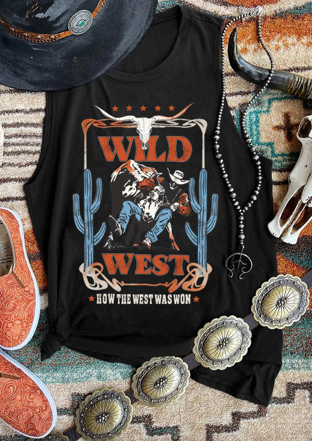 

Wild West Cactus Steer Skull Cowboy Tank - Black, 507360