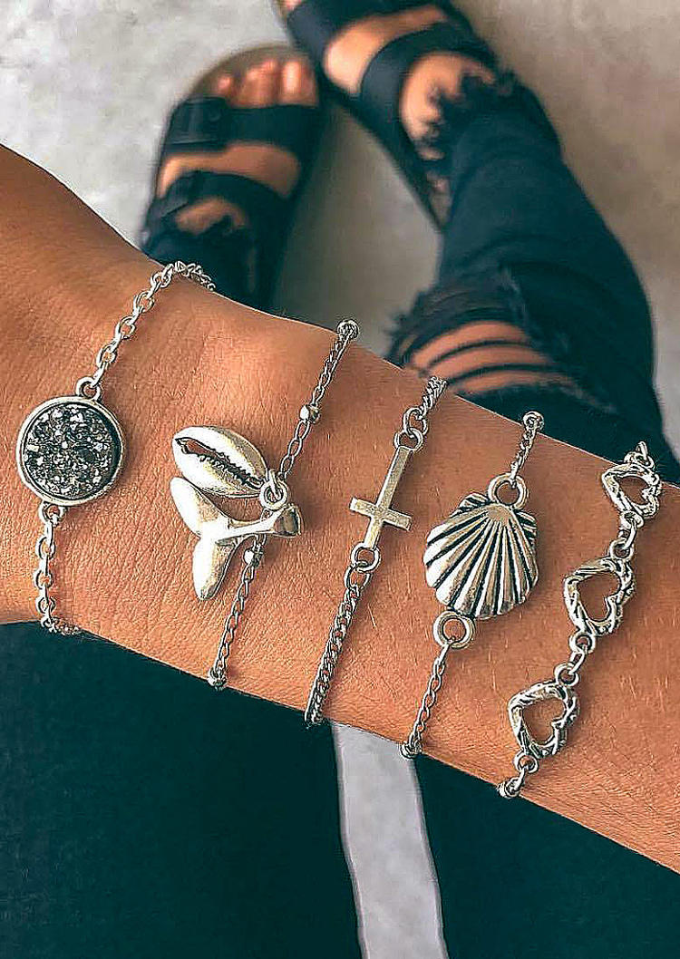

5Pcs Cross Hollow Out Heart Fish Tail Bracelet Set, Silver, 508005