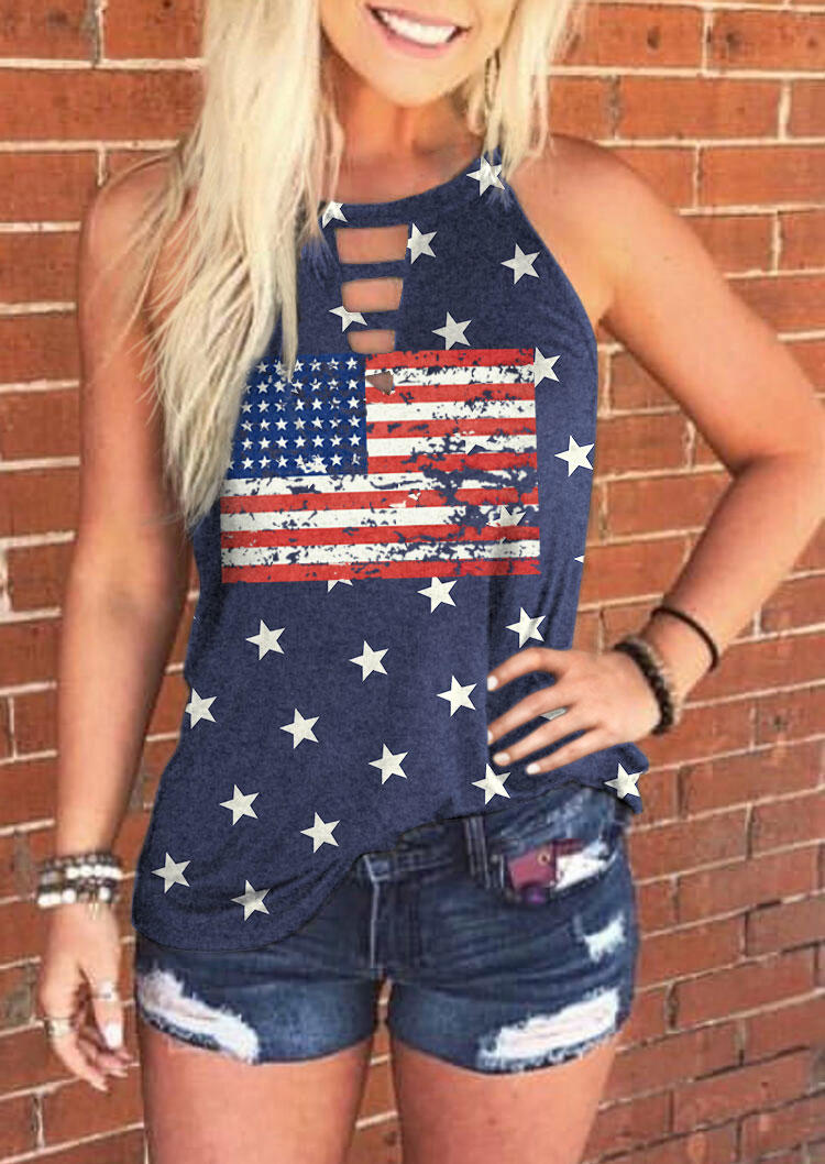 

American Flag Star Striped Keyhole Neck Tank - Navy Blue, 508032