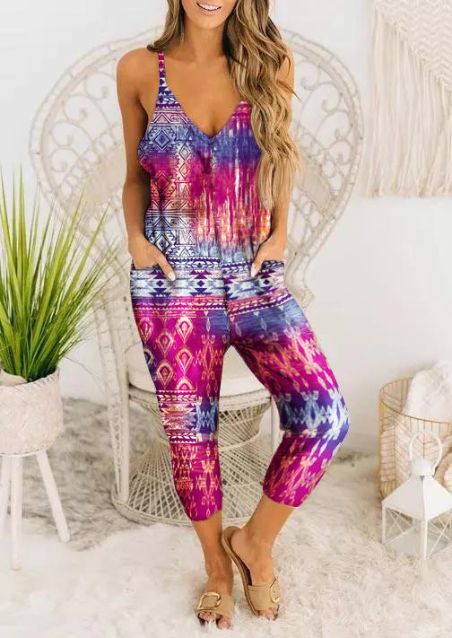 

Aztec Geometric Western Pocket Spaghetti Strap Jumpsuit, Multicolor, 508038