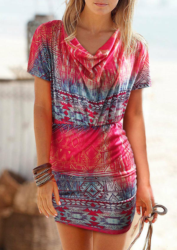 

Aztec Geometric Short Sleeve Cowl Neck Bodycon Dress, Multicolor, 508039