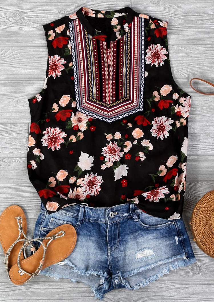 

Vintage Floral Sleeveless Tank - Black, 508077