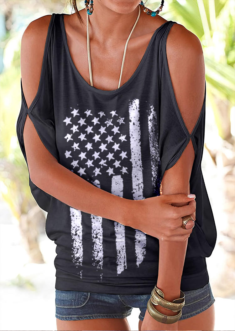 

American Flag Hollow Out Tie Cold Shoulder Blouse - Black, 508148