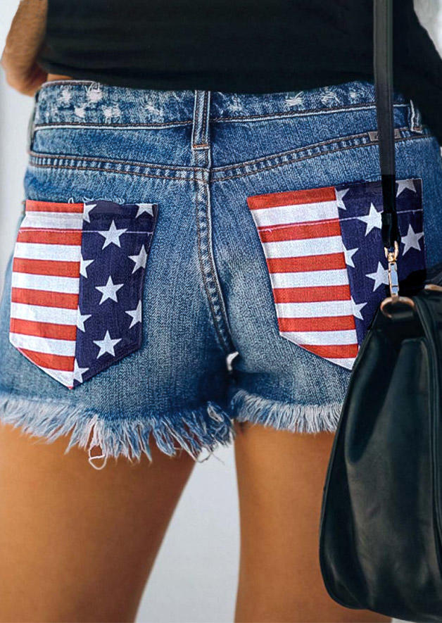 

American Flag Star Striped Pocket Frayed Hem Denim Shorts - Deep Blue, 508211