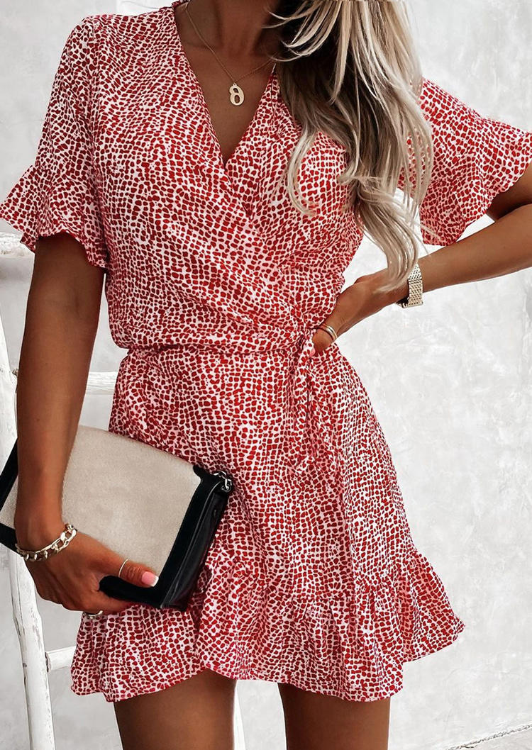 

Ruffled V-Neck Flare Sleeve Mini Dress - Red, 505229