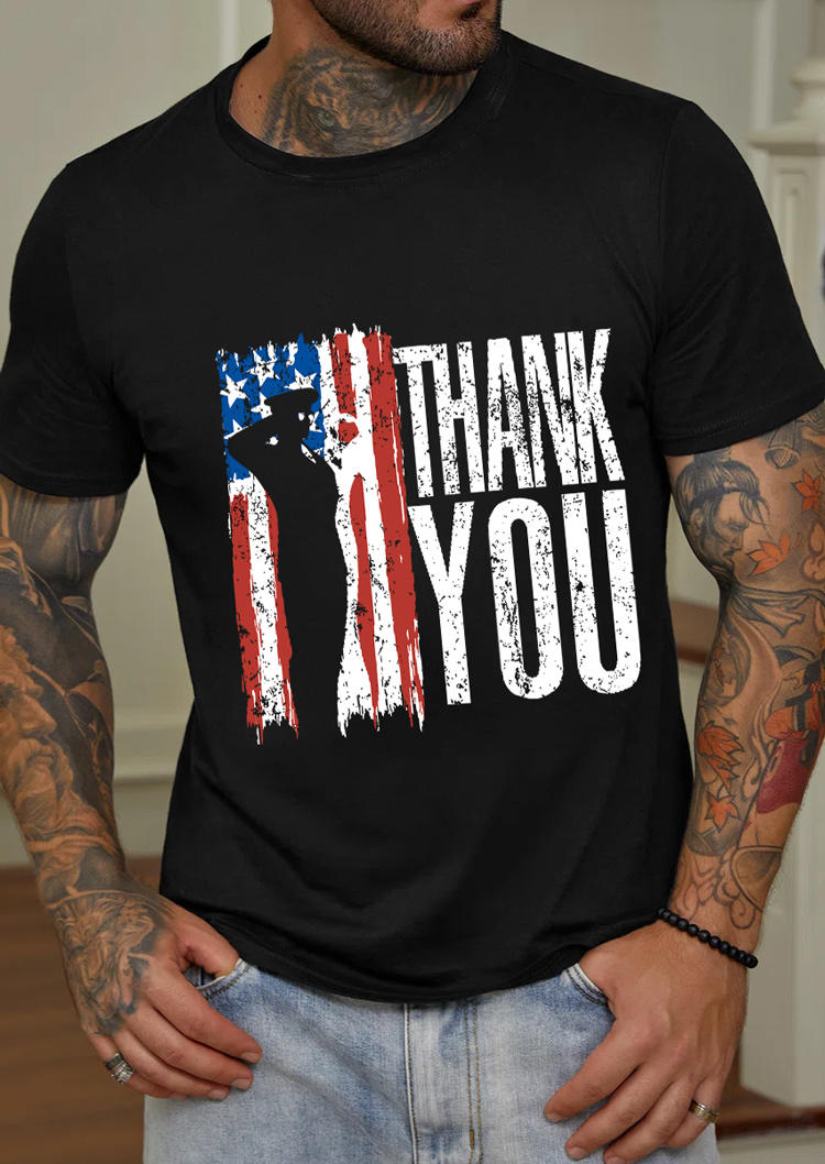 

Men American Flag Star Striped Thank You T-Shirt Tee - Black, 507051