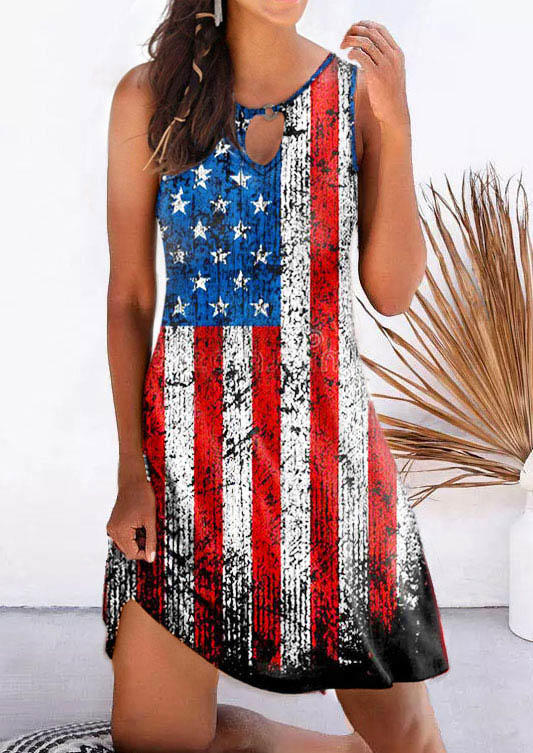 

American Flag Star Striped Keyhole Neck Sleeveless Mini Dress, Multicolor, 507841