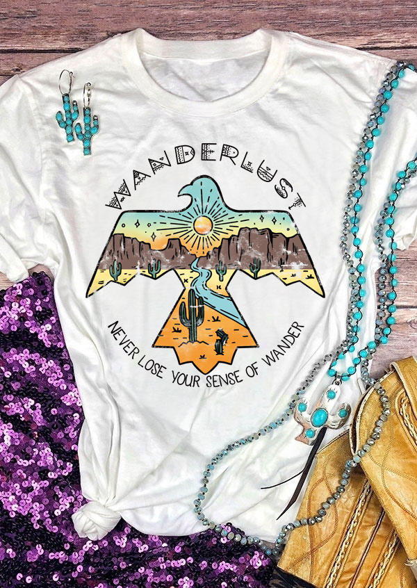 

Wanderlust Thunderbird Cactus O-Neck T-Shirt Tee - White, 507970