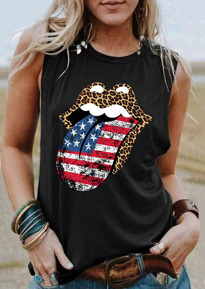 

Leopard American Flag Star Striped Lips Tank - Black, 508018