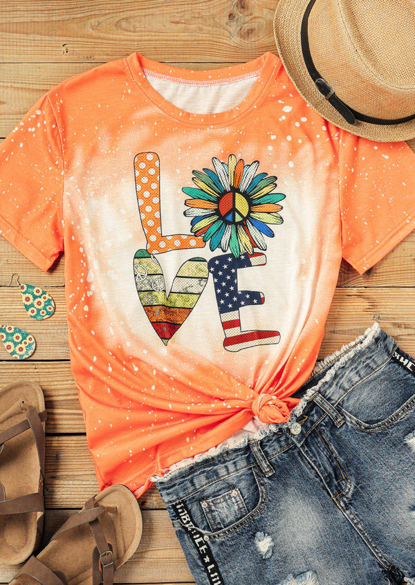 

American Flag Polka Dot Daisy Heart Love Bleached T-Shirt Tee - Orange, 508146