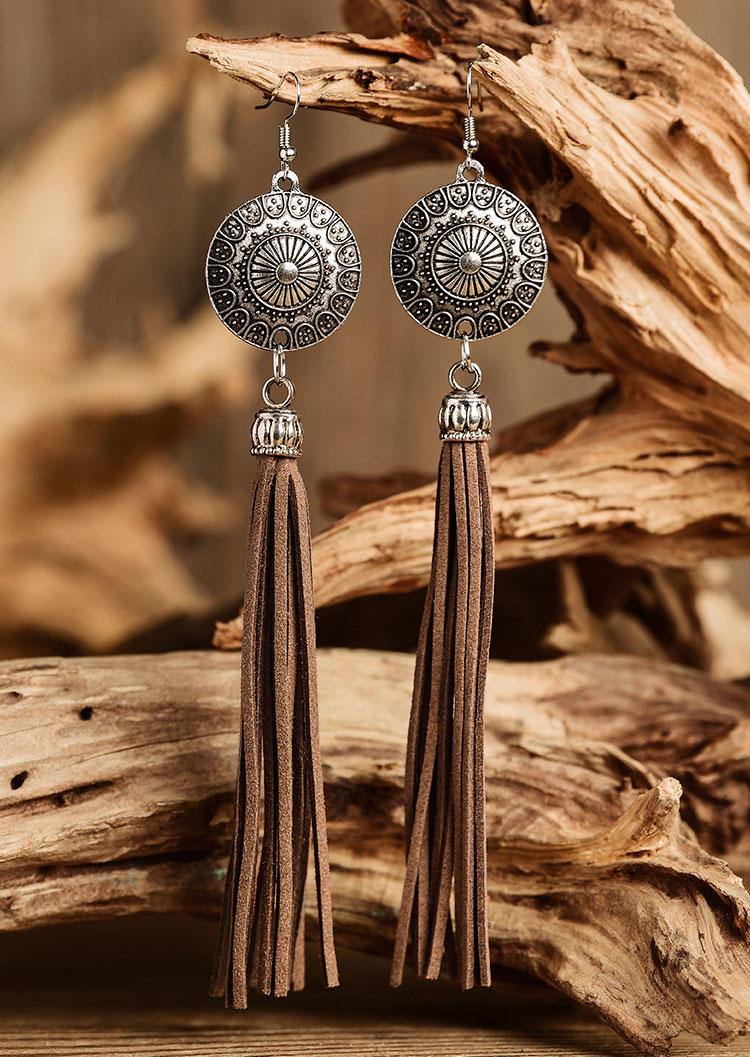 

Vintage Carved Flower Long Tassel Earrings, Coffee, 508152