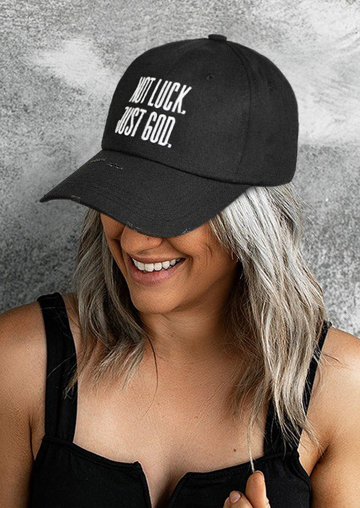 

Not Luck Just God Frayed Distressed Baseball Cap, Black, 508156