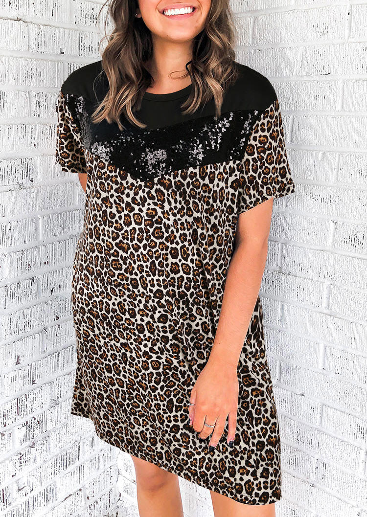 Leopard Sequined Splicing Pocket Mini Dress