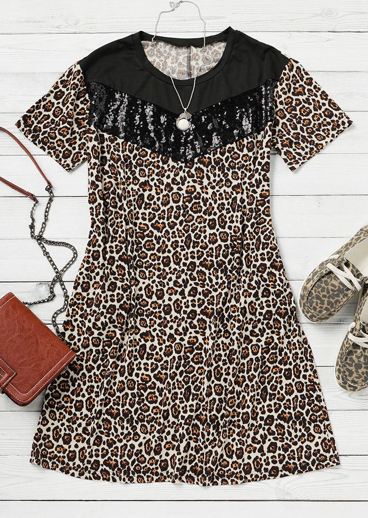 Leopard Sequined Splicing Pocket Mini Dress