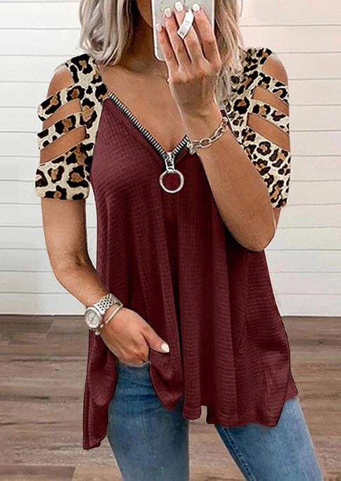 

Leopard Zipper Collar Cold Shoulder Blouse - Burgundy, 508182